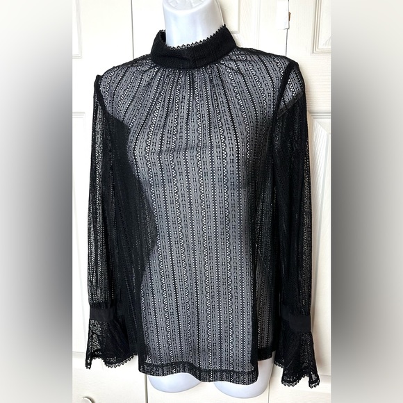 TRINA TURK Cicero Mock Neck Black Noir Lace Blouse Top Shirt Semi Sheer Ruffle - Picture 9 of 15